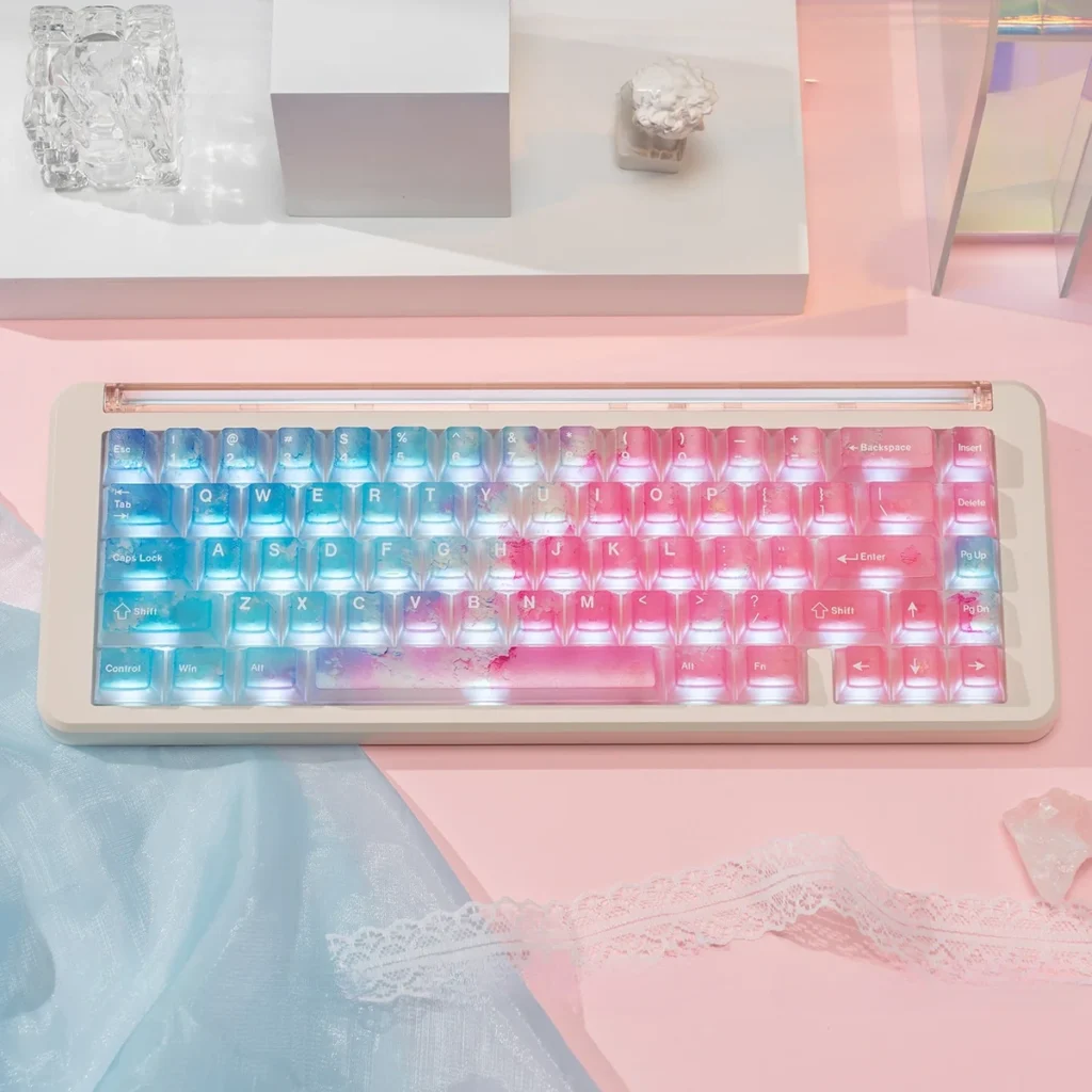 Artistic close-up of luminous pink ocean PC keycap set, showcasing their ethereal gradient and translucent design, enhanced by vibrant RGB light.