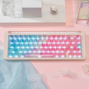 Artistic close-up of luminous pink ocean PC keycap set, showcasing their ethereal gradient and translucent design, enhanced by vibrant RGB light.