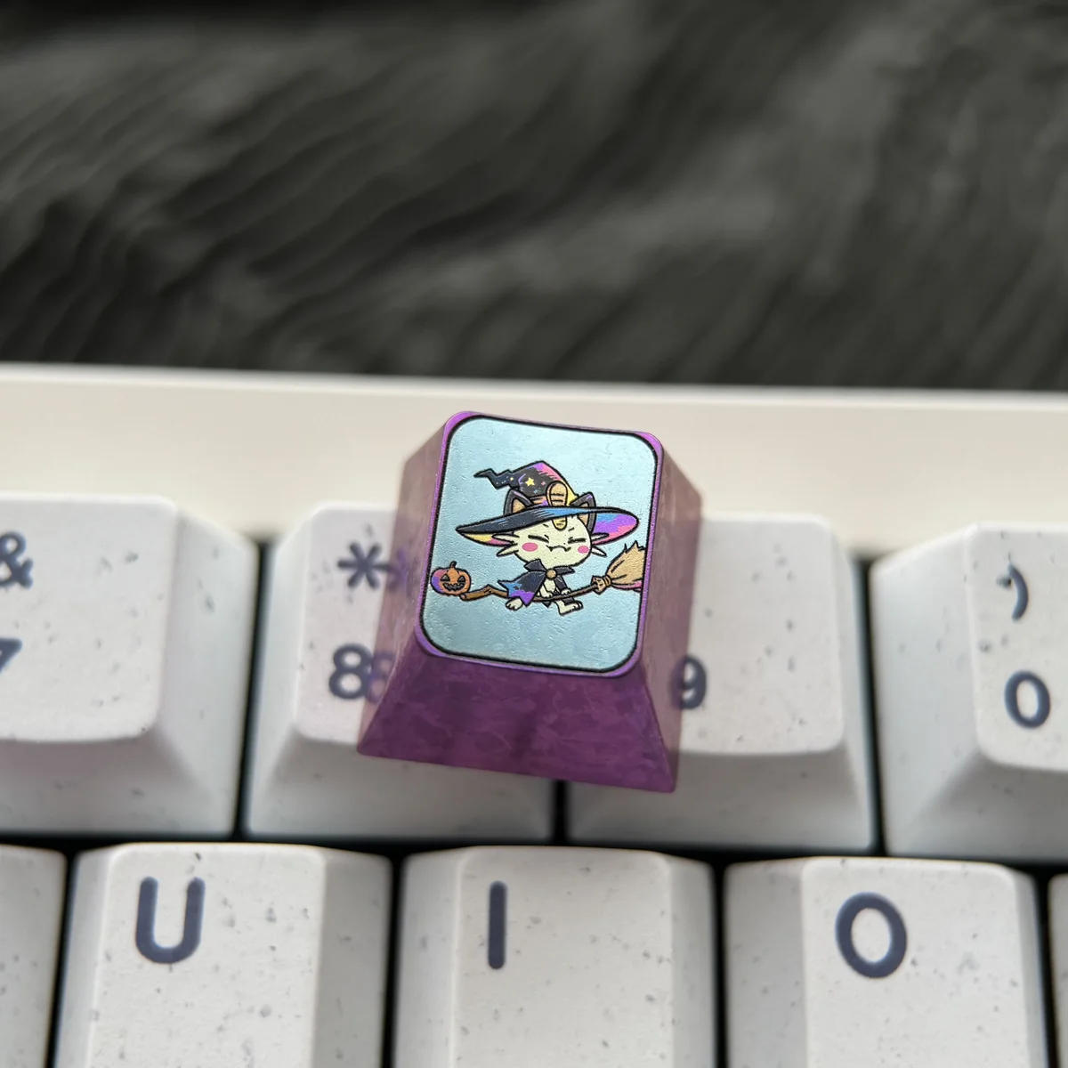 Premium Titanium Pokemon Halloween ESC keycap, Theme Five variant, depicting a vibrant anime character with intricate metallic details.