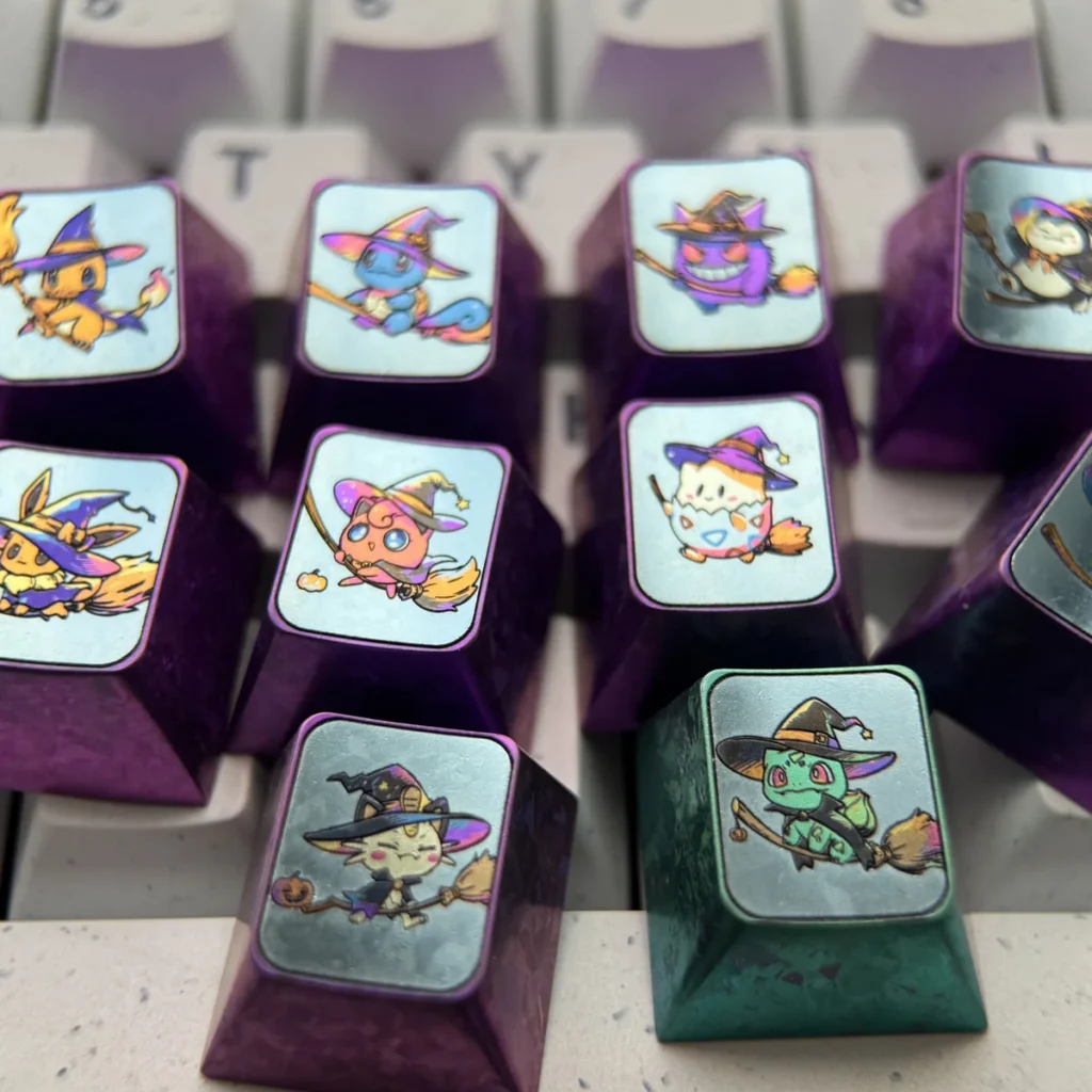 Premium Titanium Pokemon Halloween ESC keycap, a vibrant anime-style collectible with intricate metallic details for custom keyboards.