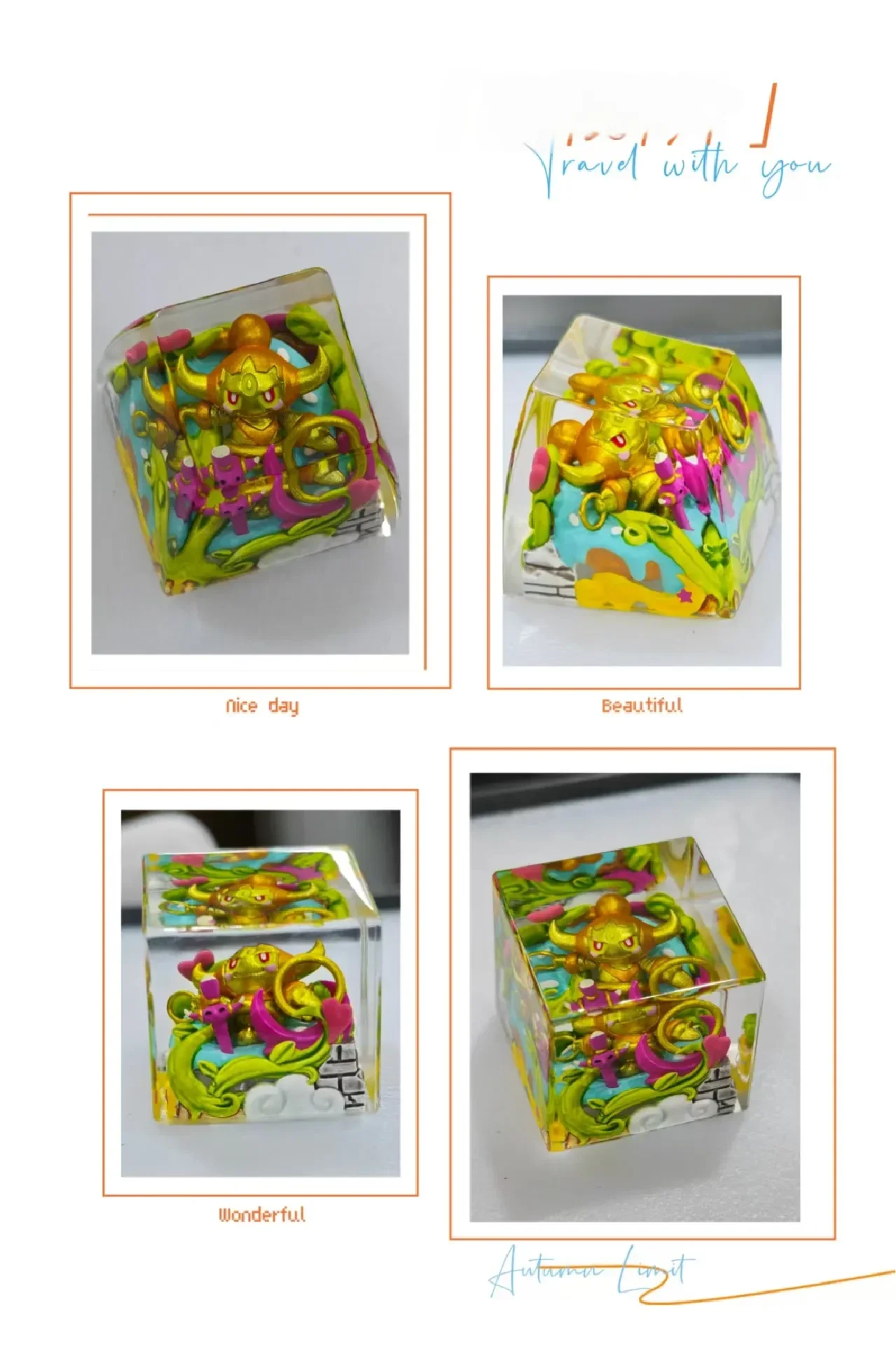 Detailed product gallery of the exquisite hand-sculpted Pokemon Hoopa artisan keycap, showcasing its vibrant character and anime authenticity.