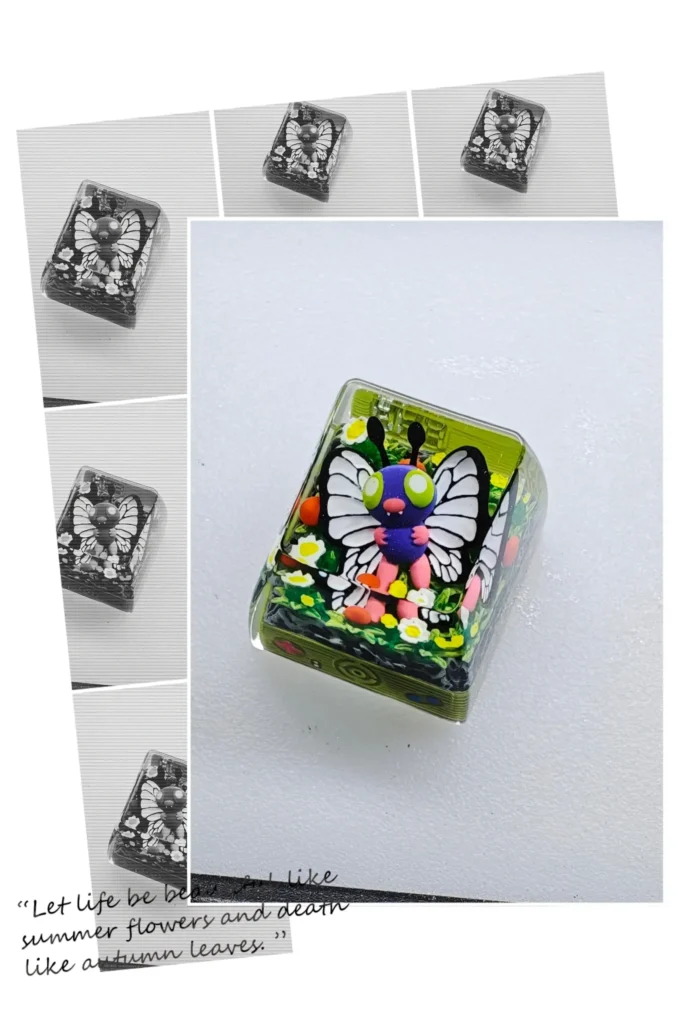 Vibrant sculpted Limited Edition Shiny Butterfree Pokemon Keycap, exquisitely encased in luminous resin, a unique collectible.