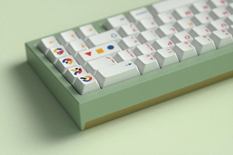 A gallery of QK65 Keycaps, an artistic custom set, revealing its ethereal cosmic patterns and deep space colors from various angles.