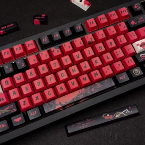 Premium Red Hood Keycaps DC Vigilante Spirit Set, featuring bold red and black iconography for a complete keyboard transformation.
