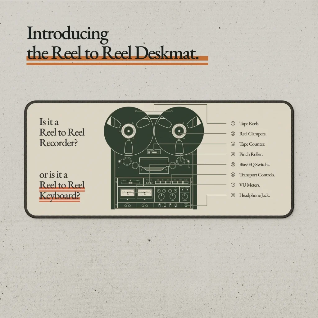 Premium Reel to Reel Desk Mat featuring a captivating vintage audio aesthetic, detailed legends inspired by retro analog equipment, and warm nostalgic tones.