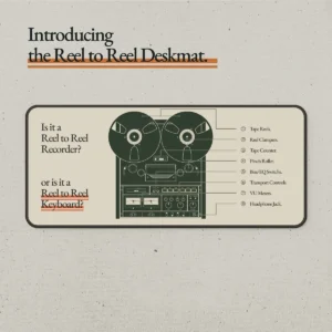 Premium Reel to Reel Desk Mat featuring a captivating vintage audio aesthetic, detailed legends inspired by retro analog equipment, and warm nostalgic tones.