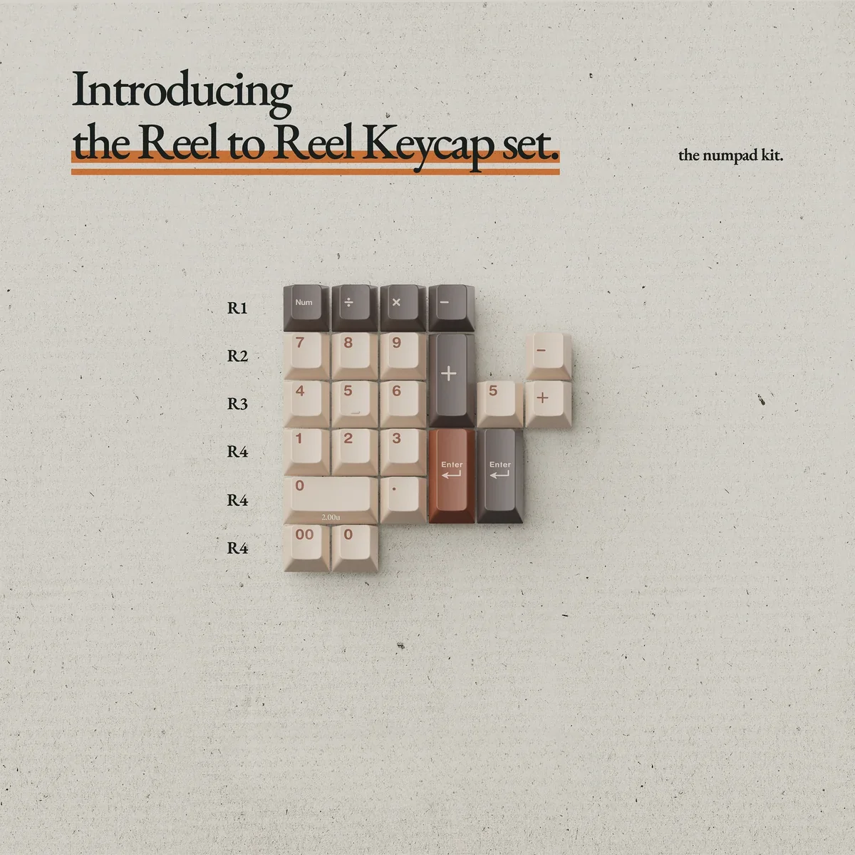 Exquisite Reel to Reel Keycaps Set shown from various angles, revealing their vintage audio charm. Features intricate retro designs inspired by classic.