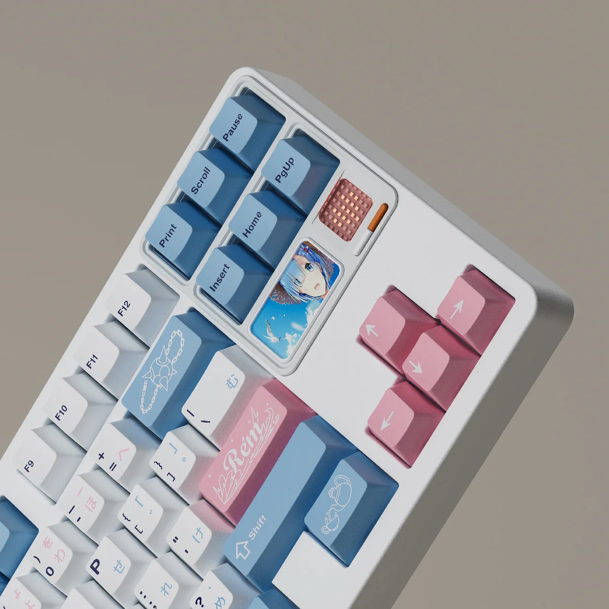 Explore the exclusive Rem PBT Dye-Sub Keycaps set Re:Zero Maid Set from various angles, highlighting its vibrant blue and white anime aesthetic.