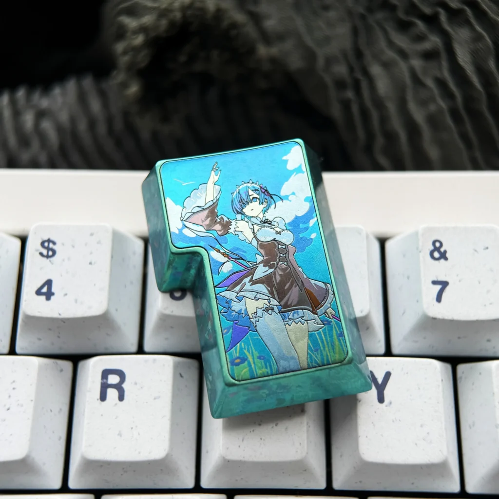 Exclusive Rem Titanium Alloy Enter keycap from Re:Zero, featuring vibrant anime character art on a polished, durable titanium canvas.