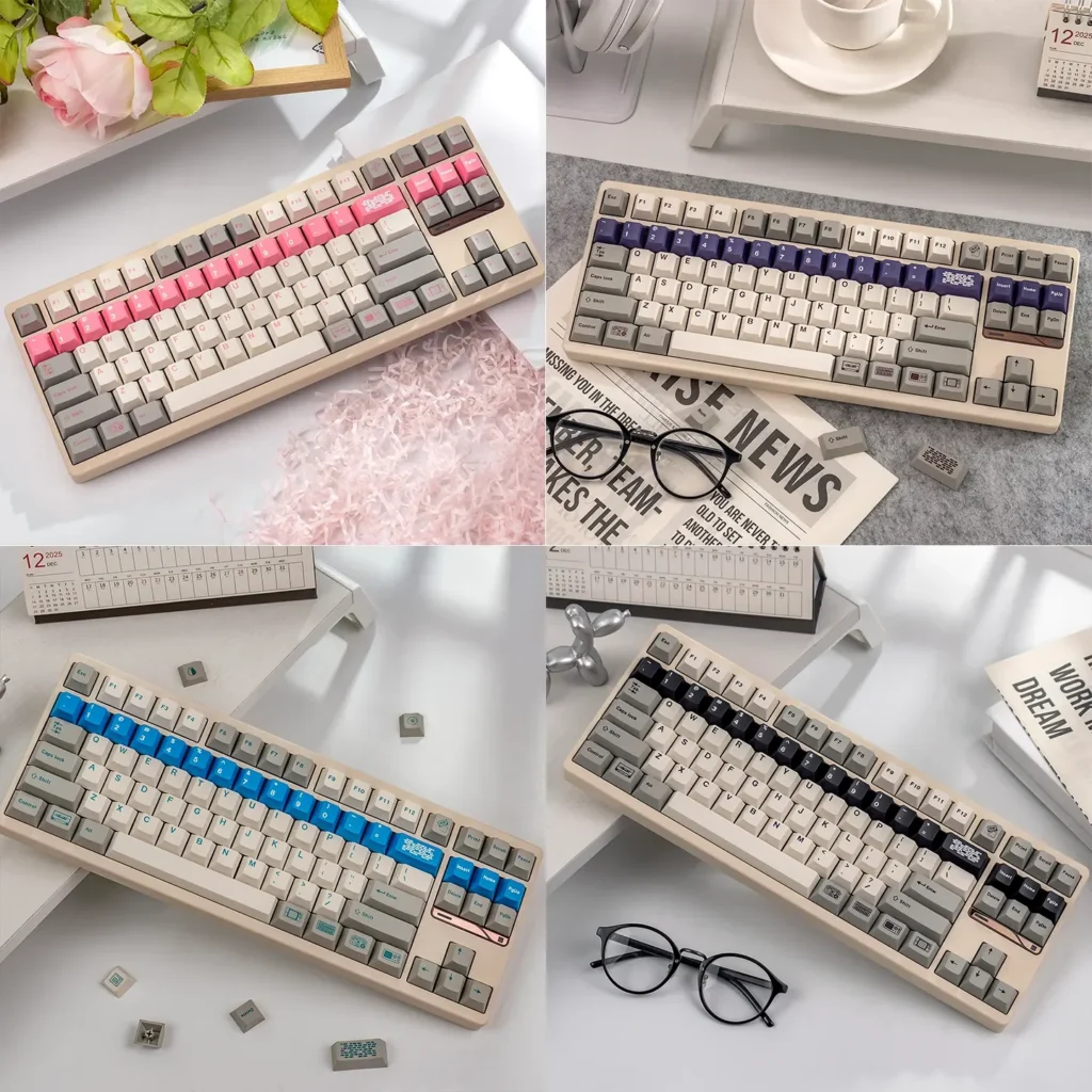 Premium Retro Flooding Series Cherry Keycap Set on display, highlighting their classic vintage aesthetic and crisp legends for custom keyboard.