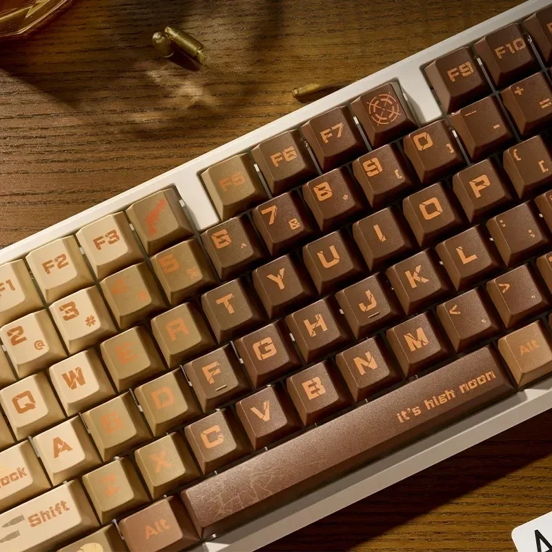 Revolver Keycap Set displayed from various angles, showcasing vintage firearm motifs, detailed industrial designs, and the durable PBT & PC material.