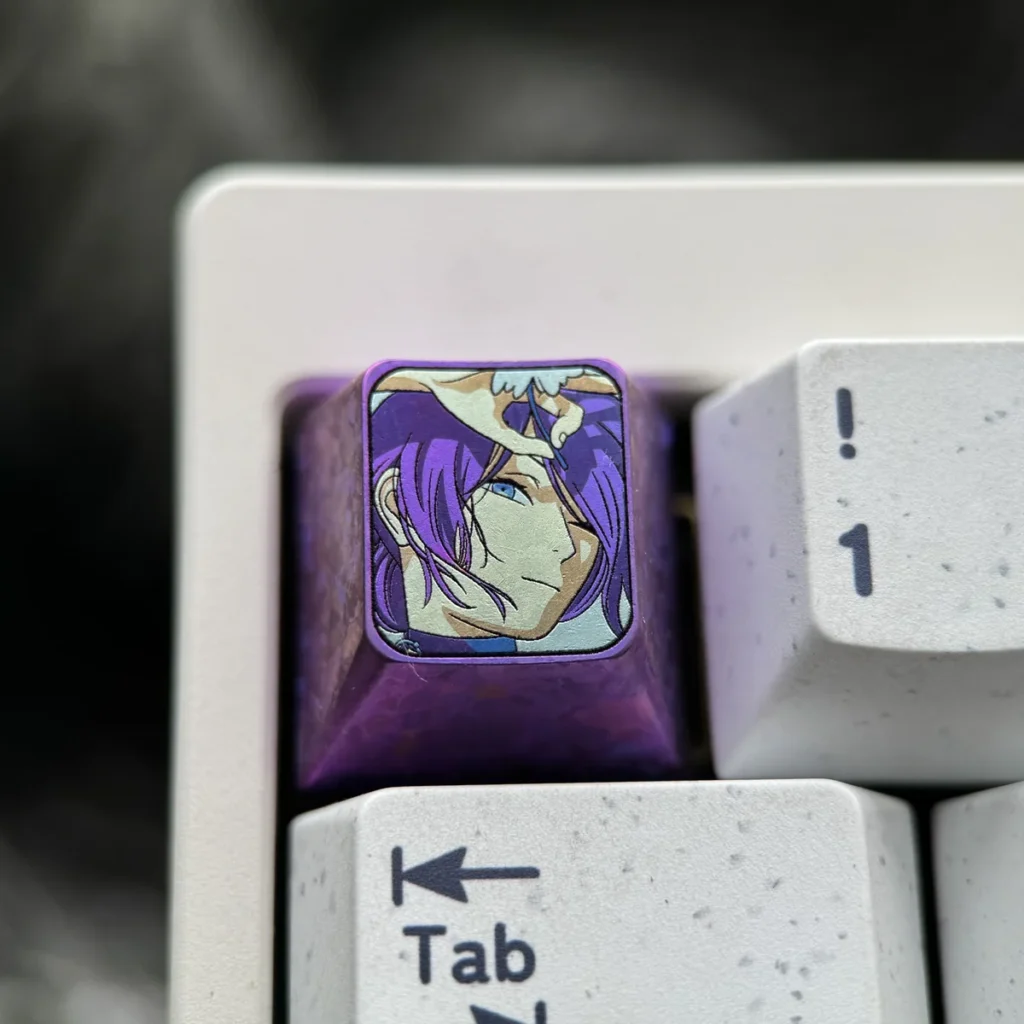 Premium Reze Titanium Keycap showcasing detailed Chainsaw Man art on polished titanium, framed by an explosive purple ice crystal.