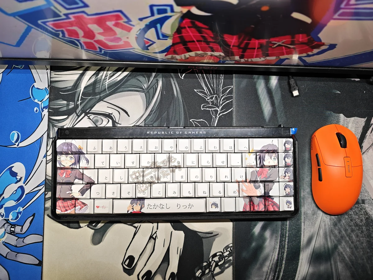 Whimsical Rikka keycaps set a vibrant product gallery, showcasing the side-printed Takanashi Rikka art and brilliant shine-through PBT legends from var