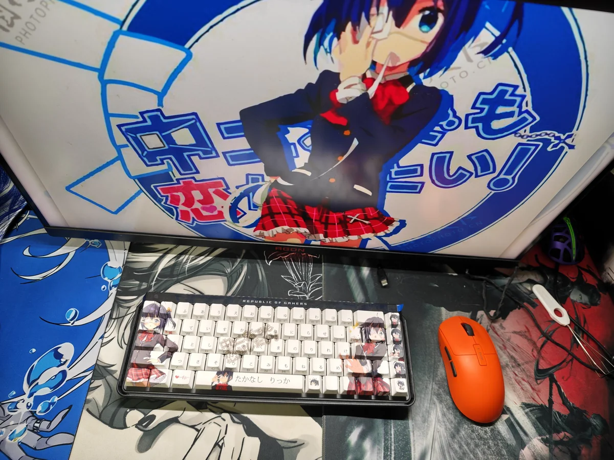 Whimsical Rikka keycaps set display vibrant Takanashi Rikka anime art. Multiple views highlight crisp side-printed legends and brilliant shine-through PBT