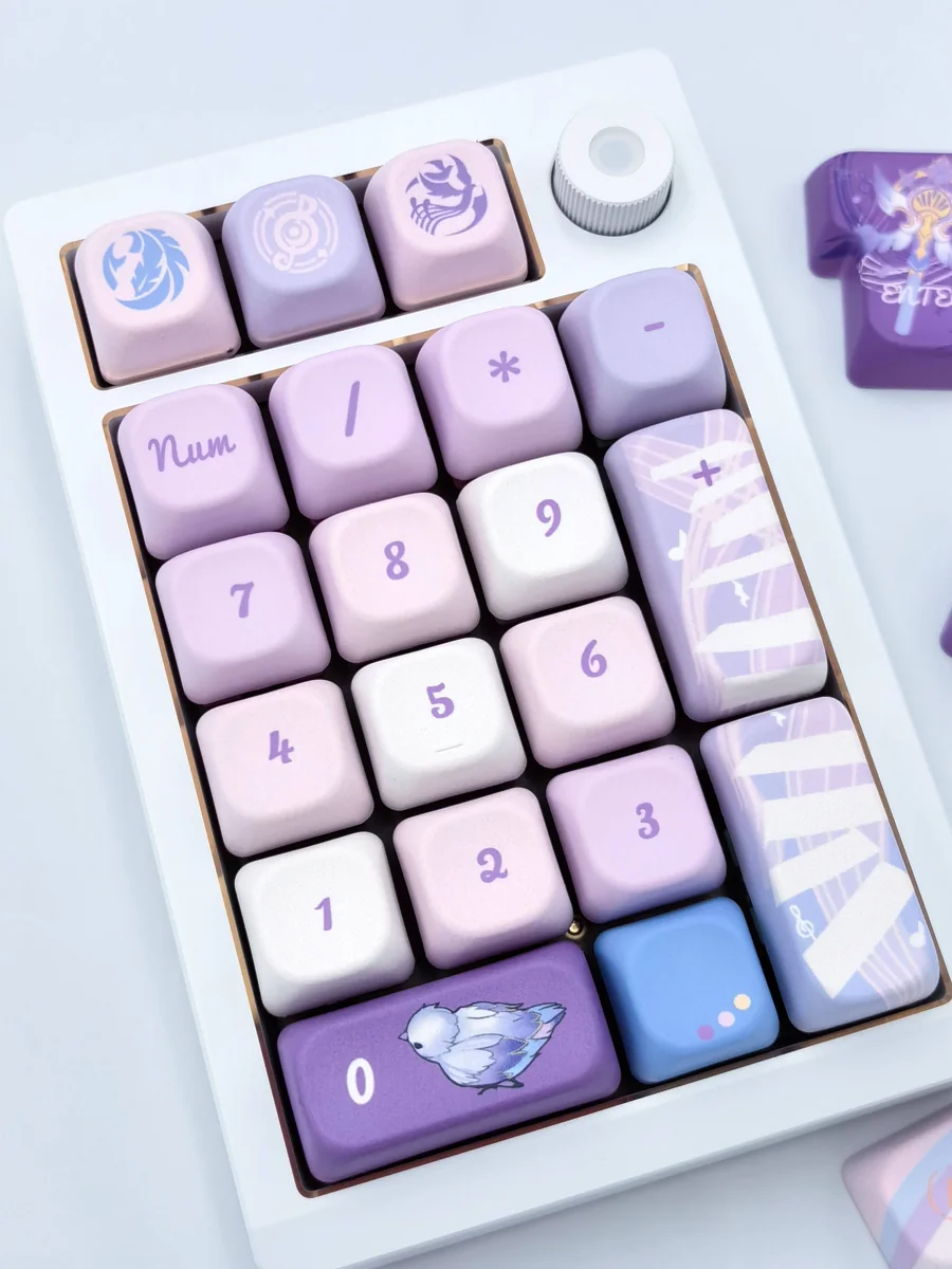 Distinctive Robin FOA Keycap Set, showcasing its serene pastel blue and artistic bird-inspired design from a unique, detailed angle.
