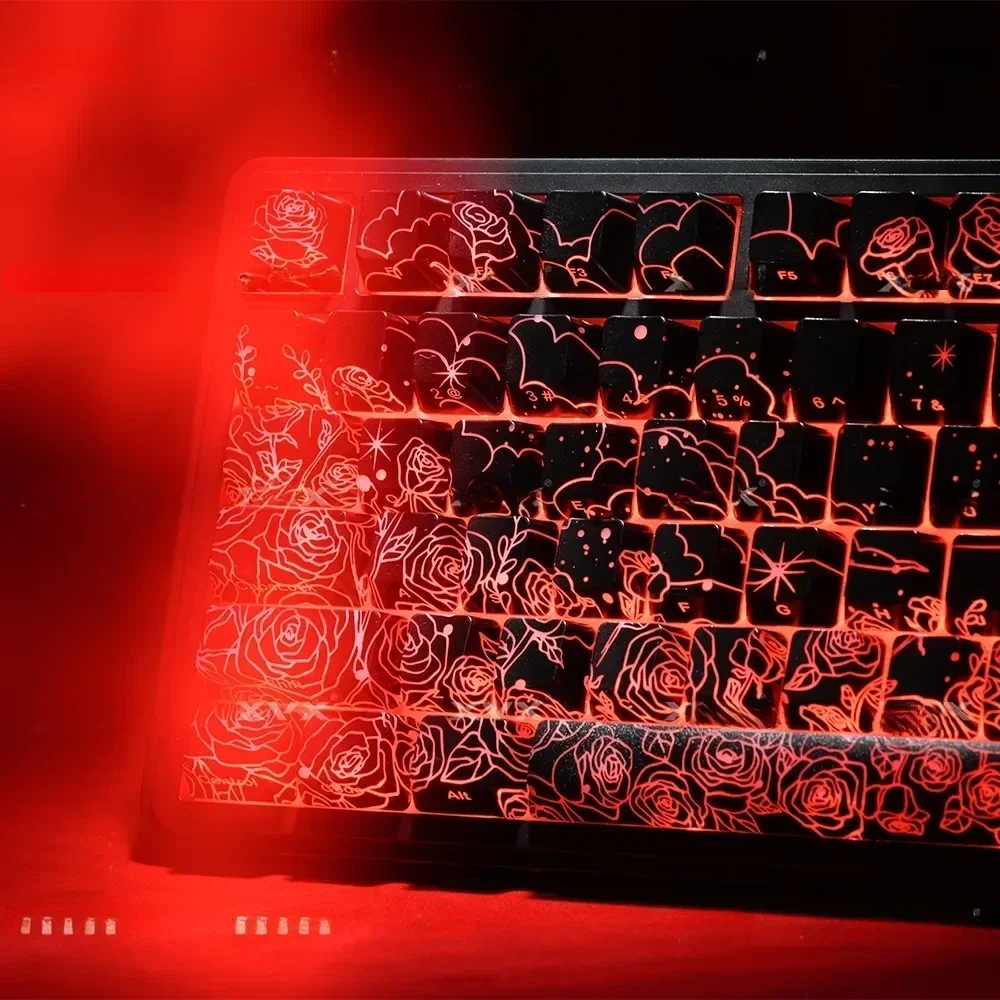 Elegant Black Rose Keycaps Set in multiple views, emphasizing IMD design, glowing side-backlit legends, and magnetic switch compatibility.