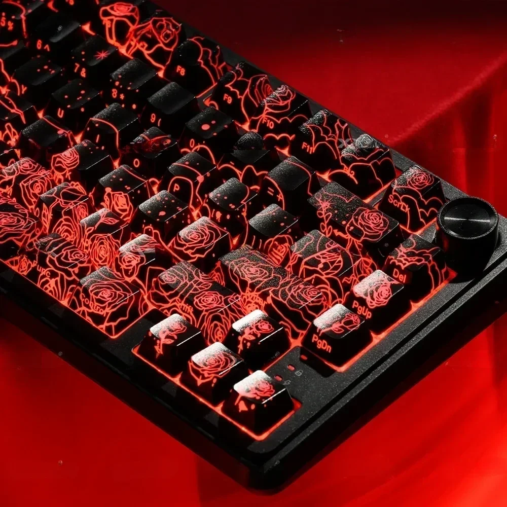 Elegant Black Rose Keycaps Set. Intricate IMD rose design, side-backlit legends, magnetic switch compatible. Premium artistry from diverse angles.