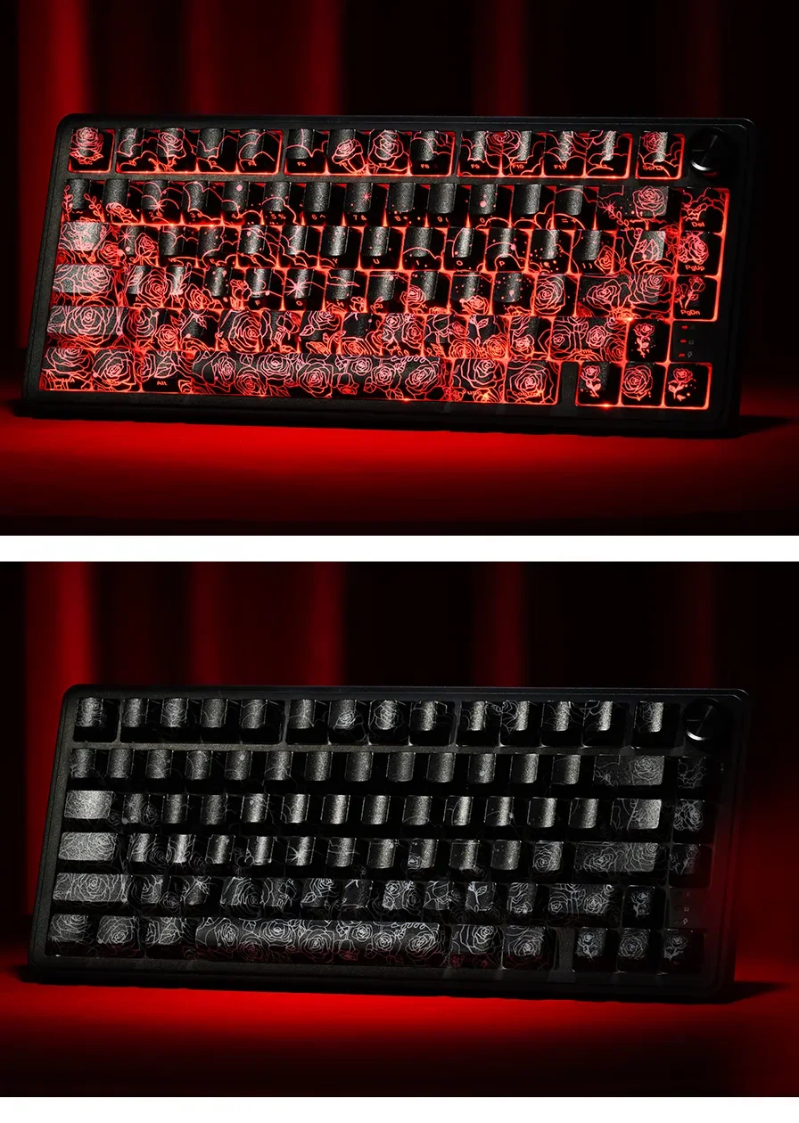 Elegant Black Rose Keycaps Set. Gallery showing IMD rose motif, side-backlit legends, and magnetic switch compatibility. Artistic and premium.