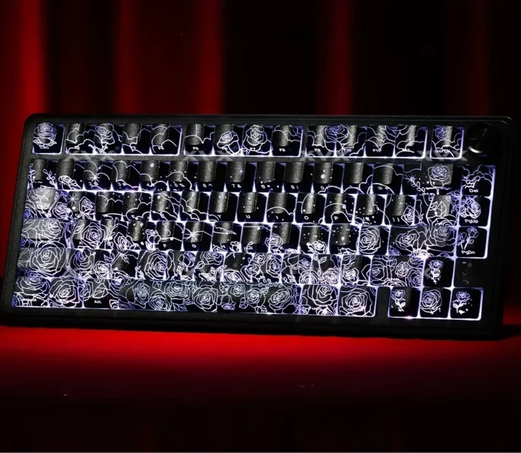 Elegant Black rose keycaps set featuring IMD rose design, glowing side-backlit characters, and magnetic switch compatibility for a premium look.