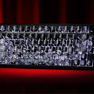 Elegant Black rose keycaps set featuring IMD rose design, glowing side-backlit characters, and magnetic switch compatibility for a premium look.
