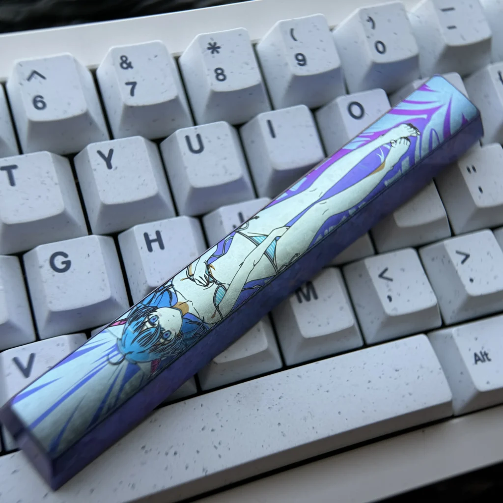 Vibrant Roxy Migurdia anime art on a polished titanium alloy spacebar keycap, showcasing premium craftsmanship for custom keyboards.