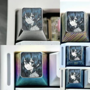 Roxy Titanium Keycap: Precision-carved anime ESC metal keycap. Intricate character art on polished titanium gleams with subtle silver highlights design.