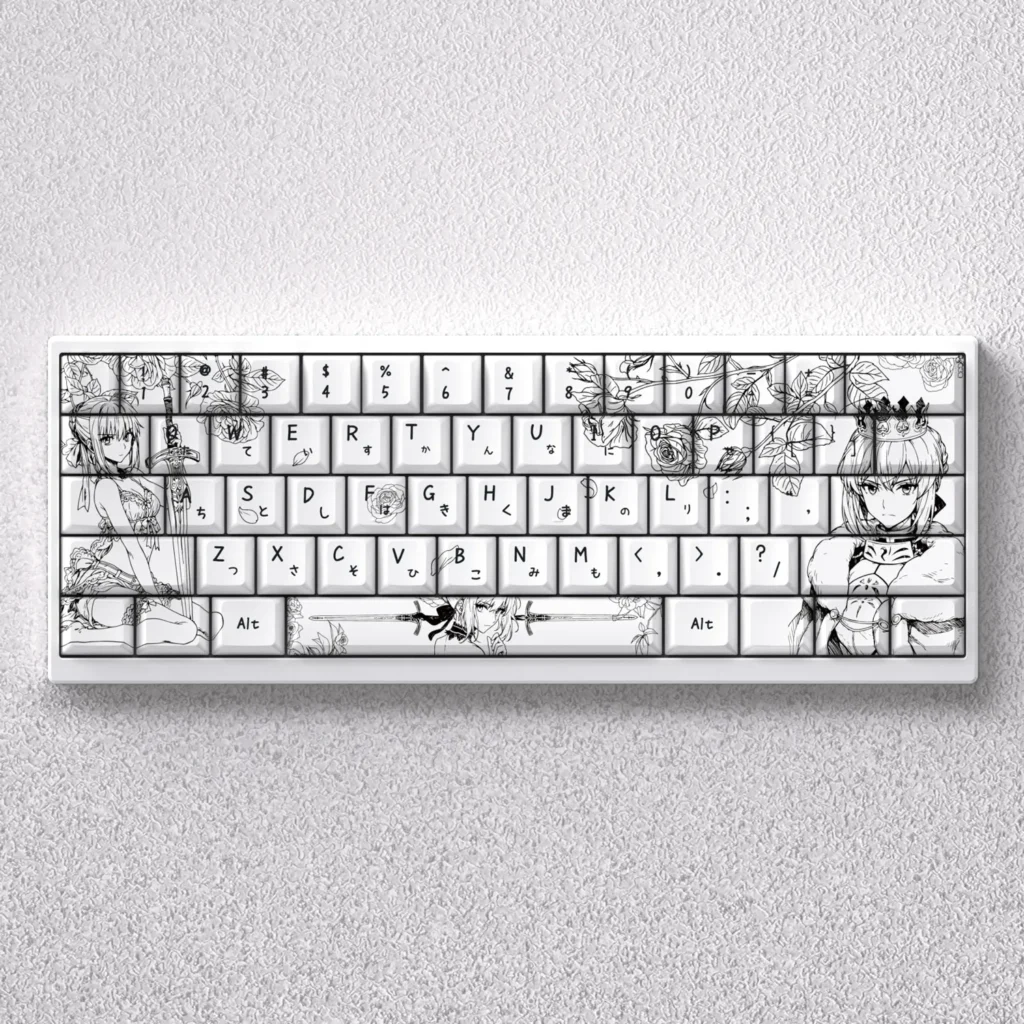 Iconic Saber PBT keycap set, an elegant monochrome line art design for mechanical keyboards, showcasing striking anime detail.