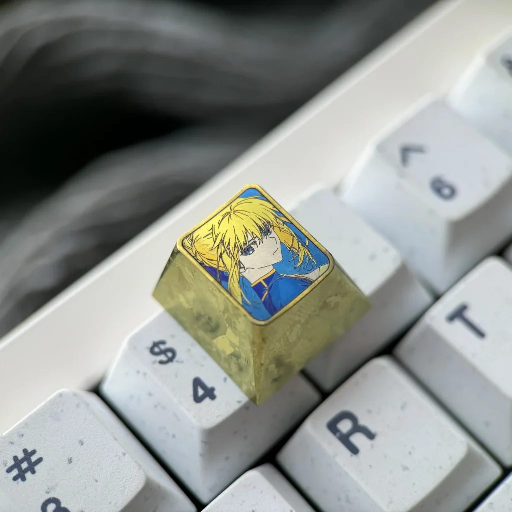 Artisan Vibrant Saber titanium alloy keycap collection, featuring diverse angles highlighting its premium anime aesthetics and vivid anodized finish.