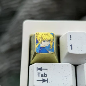 Vibrant Saber titanium alloy keycap for mechanical keyboards, showcasing artisan anime design with a premium anodized finish.