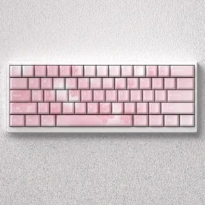 Elegant Sakura PBT dye-sub keycaps set featuring exquisite five-sided cherry blossom designs. Durable, serene, and artistic Japanese floral set.