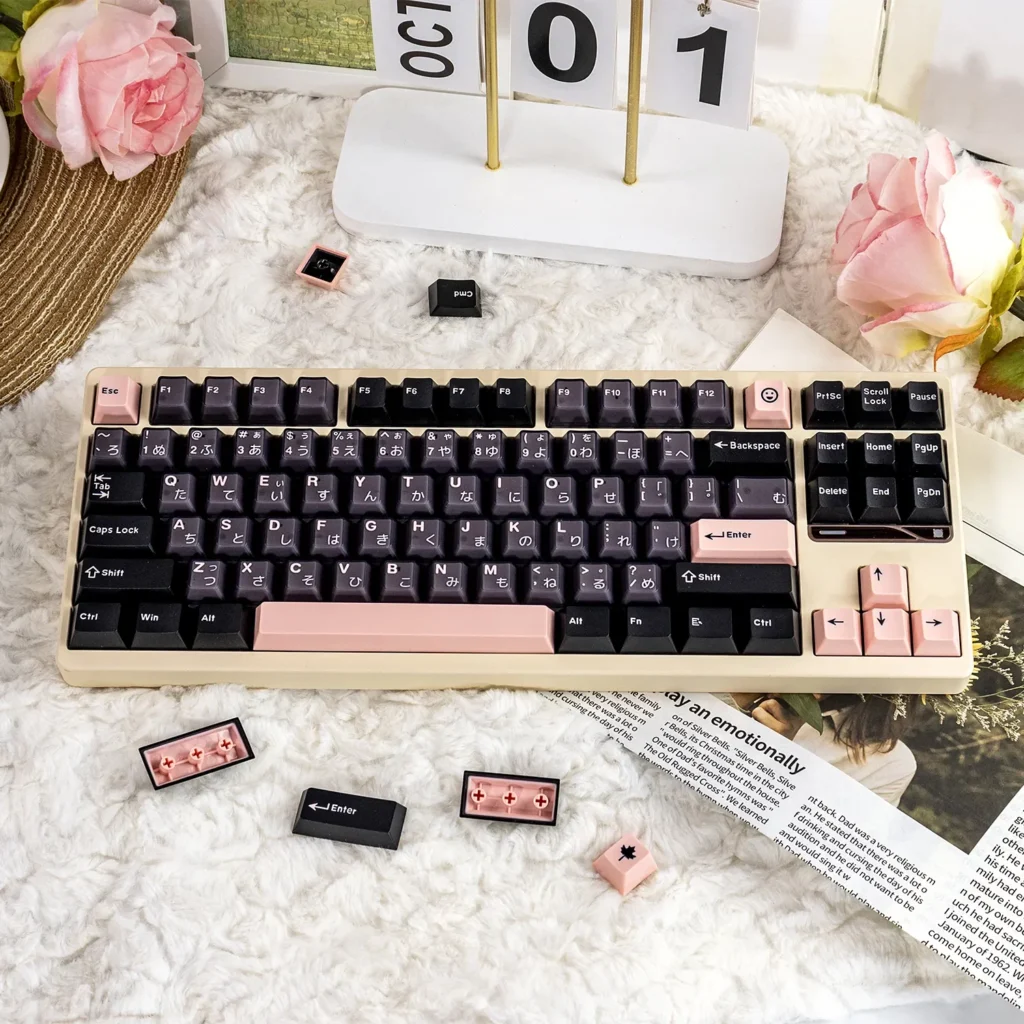 Stunning Ethereal Night Sakura Pink translucent PBT+PC double-shot keycaps full set, glowing with delicate pink hues for a dreamy custom keyboard.