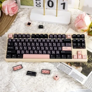 Stunning Ethereal Night Sakura Pink translucent PBT+PC double-shot keycaps full set, glowing with delicate pink hues for a dreamy custom keyboard.
