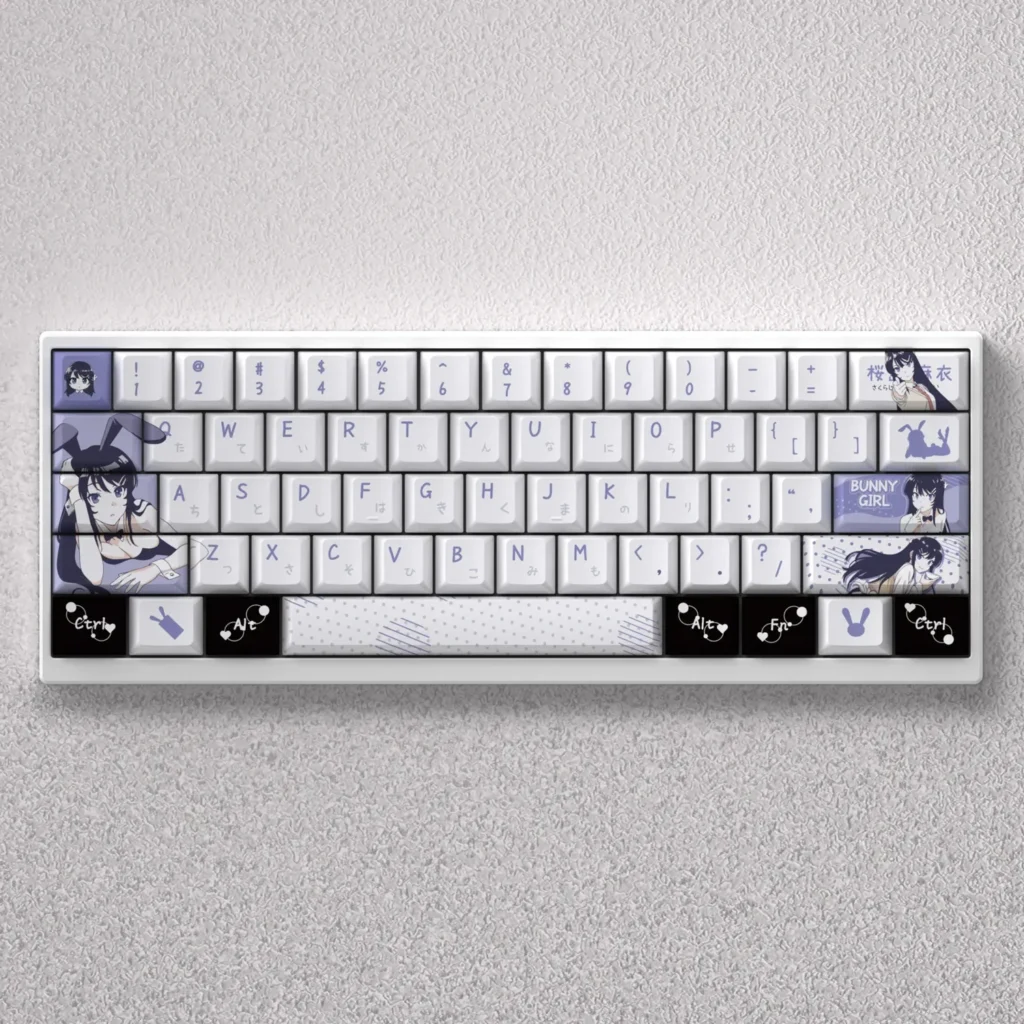 Exclusive Sakurajima Mai PBT keycaps set displayed from various angles, showcasing elegant anime artwork with a cool blue-grey aesthetic.