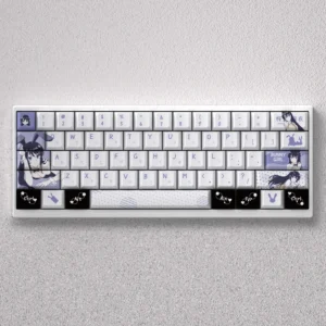 Exclusive Sakurajima Mai PBT keycaps set displayed from various angles, showcasing elegant anime artwork with a cool blue-grey aesthetic.