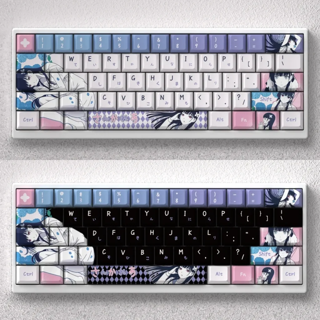 Exclusive Sankarea Keycap Set showcasing ethereal anime character art with dark gothic charm on a premium black PBT base for custom mechanical keyboards.