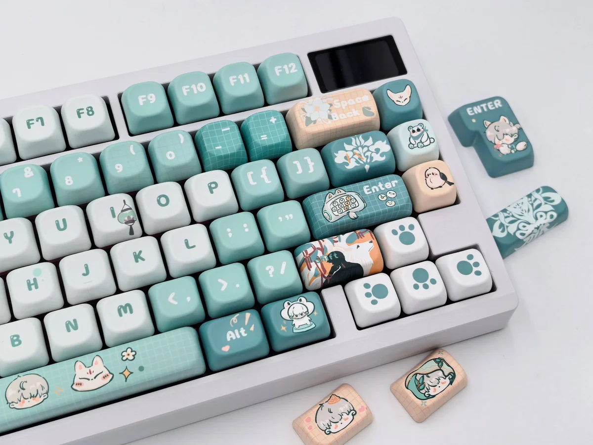 Exclusive Sariel FOA Keycap Set, showcasing serene cool-toned legends and elegant character motifs from multiple angles. Premium artistic design.