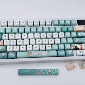 Exclusive Sariel FOA Keycap Set showcased with an elegant, serene aesthetic, featuring cool tones and subtle character motifs for a premium design.