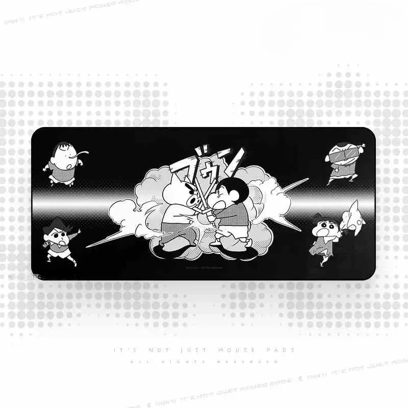 Playful Shin-chan Zaemon oversized gaming desk mat, featuring iconic deep grey anime art for a nostalgic and fun setup.