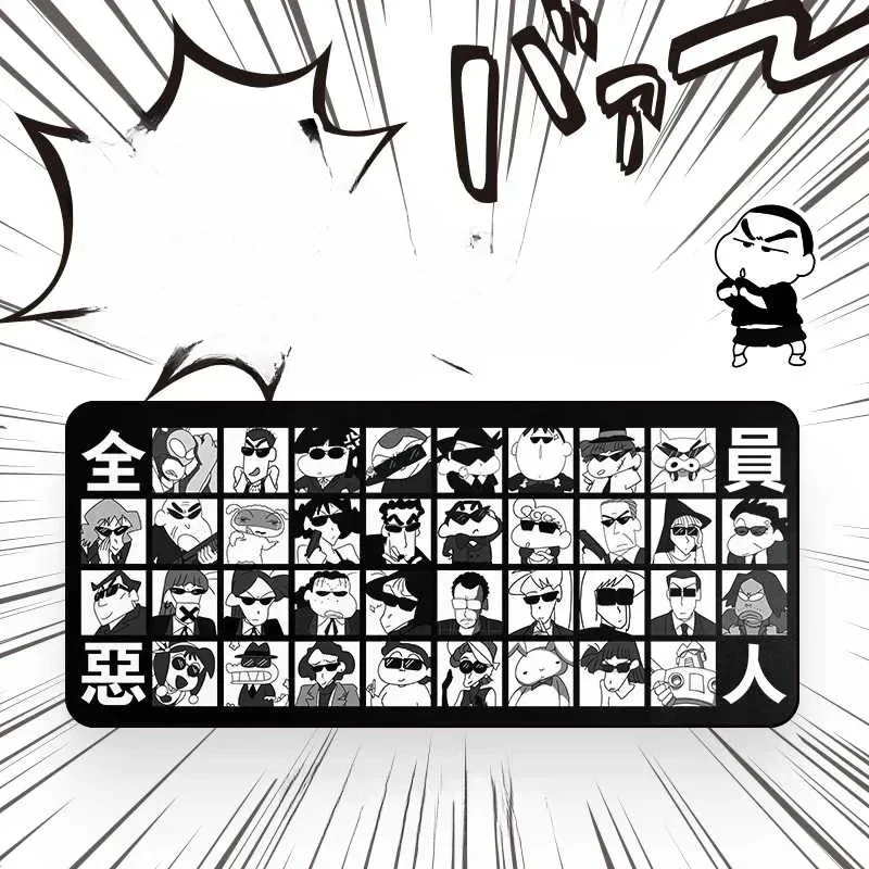 Exclusive Shin-chan Desk Mat showcasing the humorous Crayon Shin-chan Villains Crew design on a large, sleek black gaming desk mats..