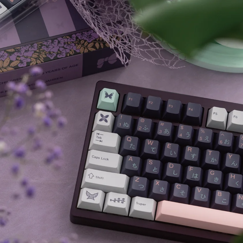Multiple angles of Shinobu Kocho Keycaps showcasing the exquisite anime design, vibrant silk-screen details, and elegant purple-teal butterfly motifs.
