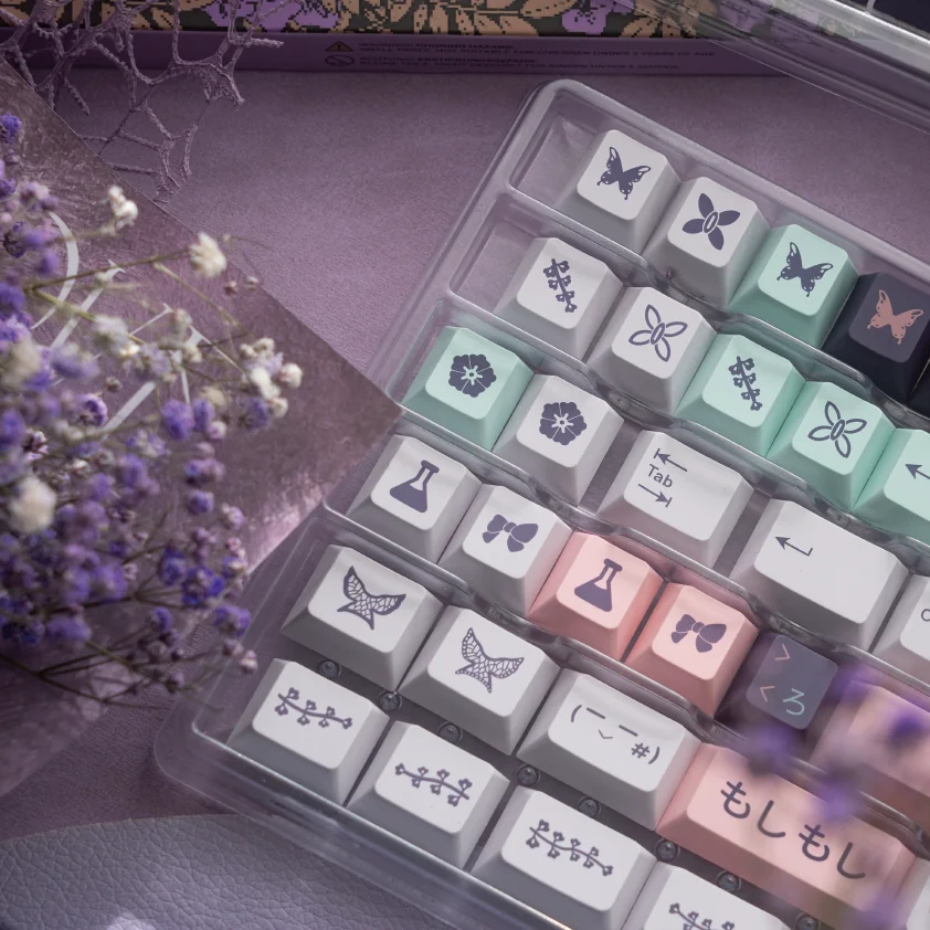 Shinobu Kocho Keycaps set showcased from various angles, highlighting the exquisite anime design, vibrant silk-screen details, and elegant purple design.