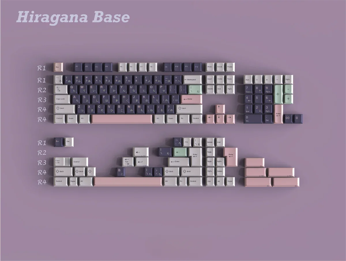 Shinobu Kocho Keycaps Set art set showing various angles, highlighting the exquisite anime design, vibrant silk-screen details, and elegant butterfly motifs.