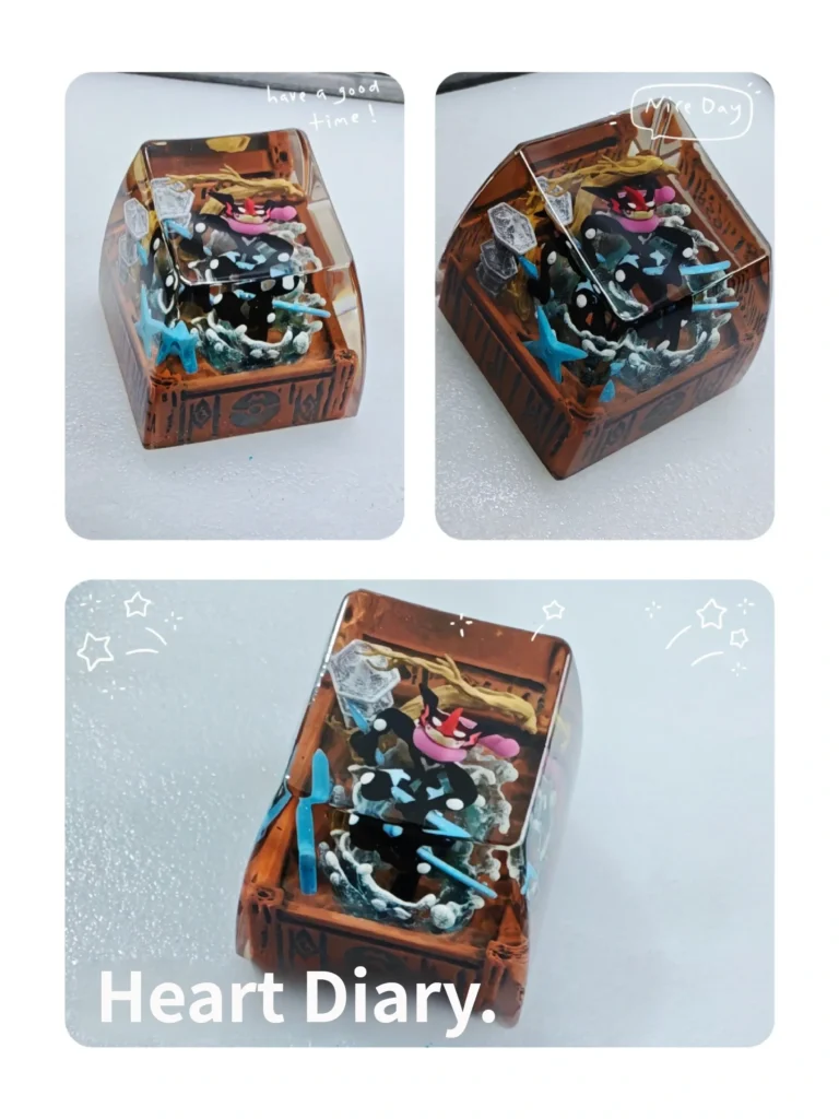 Handcrafted Limited Edition Shiny Greninja keycap, featuring a vibrant sculpted Pokemon diorama cast in luminous resin.