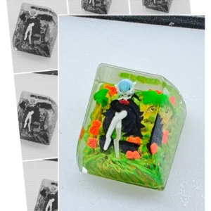 Exquisite Shiny Mega Gardevoir artisan keycap for mechanical keyboards, featuring vibrant sculpted Pokemon art and translucent resin details.