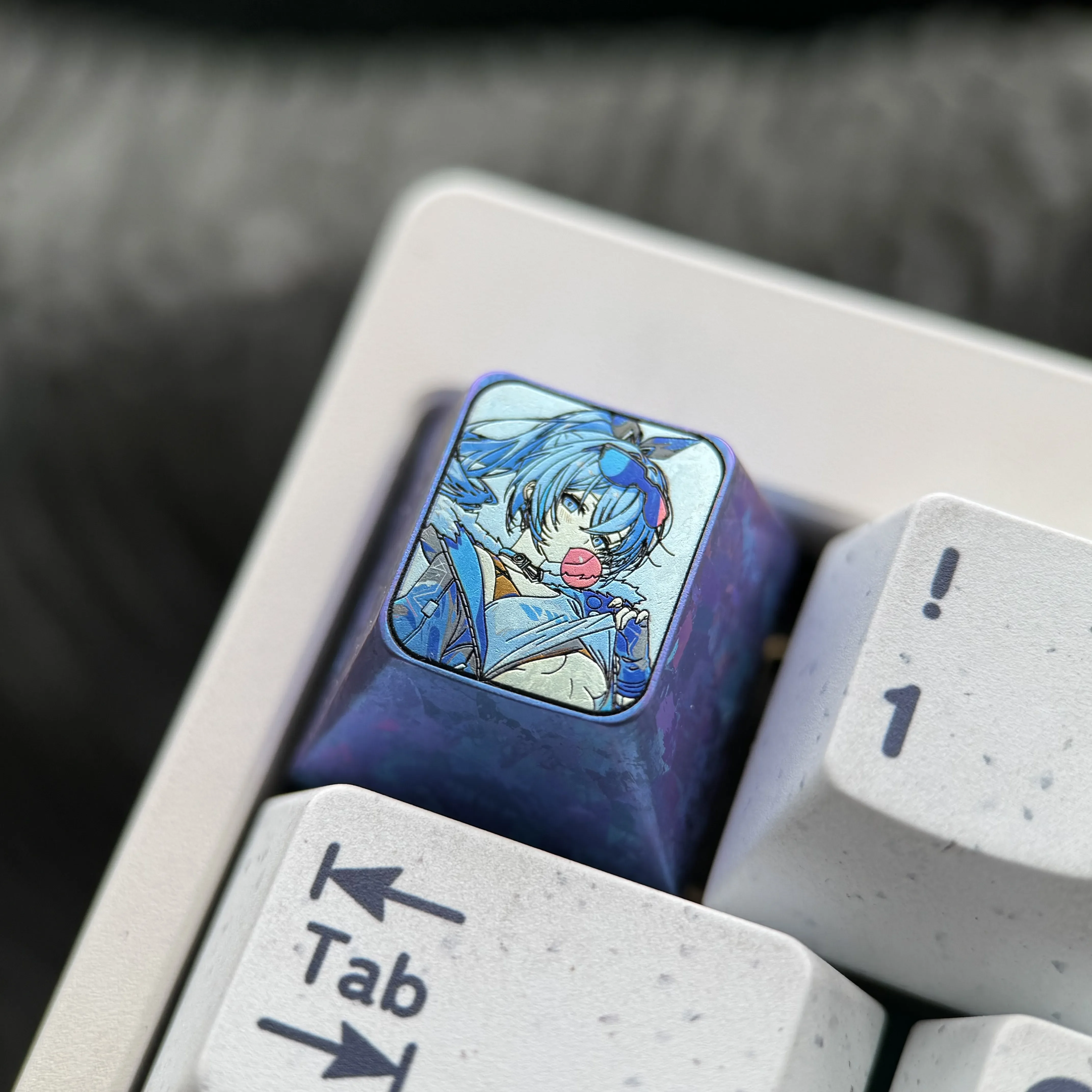 Premium Titanium Silver Wolf Keycap. Main image showcases metallic finish, intricate anime art, and futuristic cyber-hacker aesthetic.