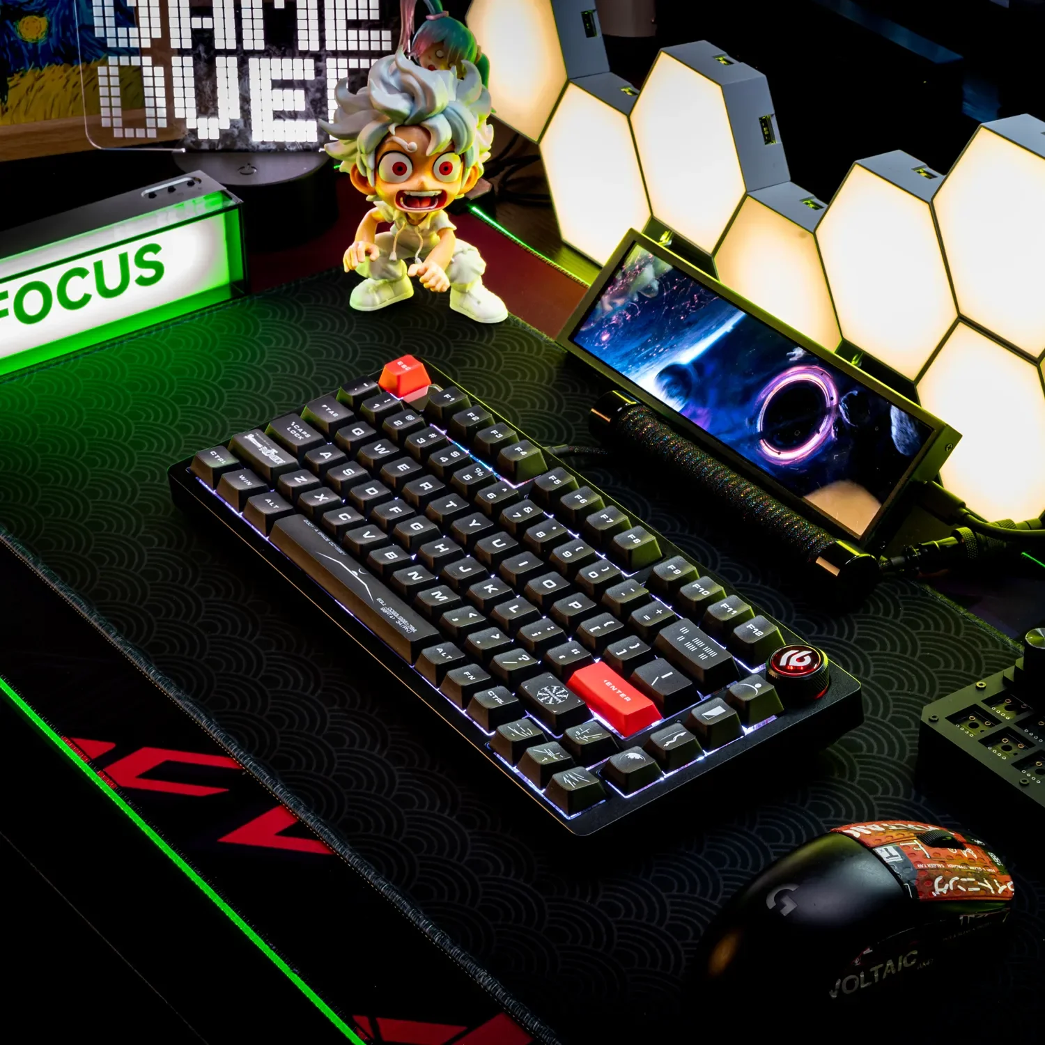 Gallery views of Cosmic Odyssey PBT space keycaps set, showing durable construction and immersive deep space exploration designs from multiple angles.