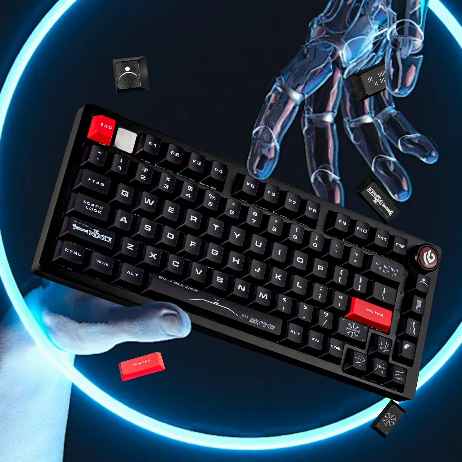 Dynamic views of Cosmic Odyssey PBT space keycaps set, highlighting durable construction, immersive sci-fi exploration, and celestial body designs.