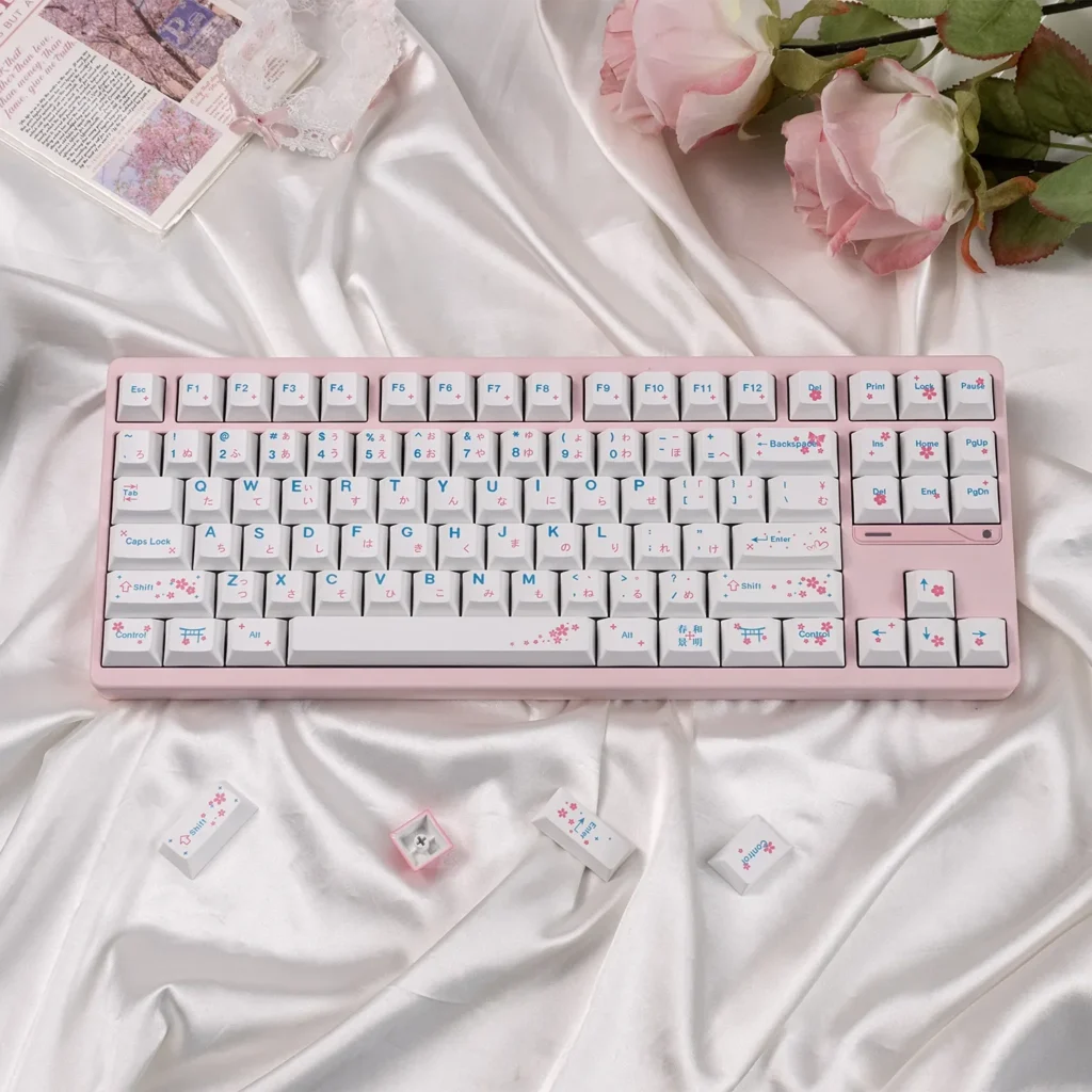 Serene Spring Theme Keycaps set, PBT dye-sublimated with vibrant florals and gentle nature elements, compatible with magnetic keyboards.
