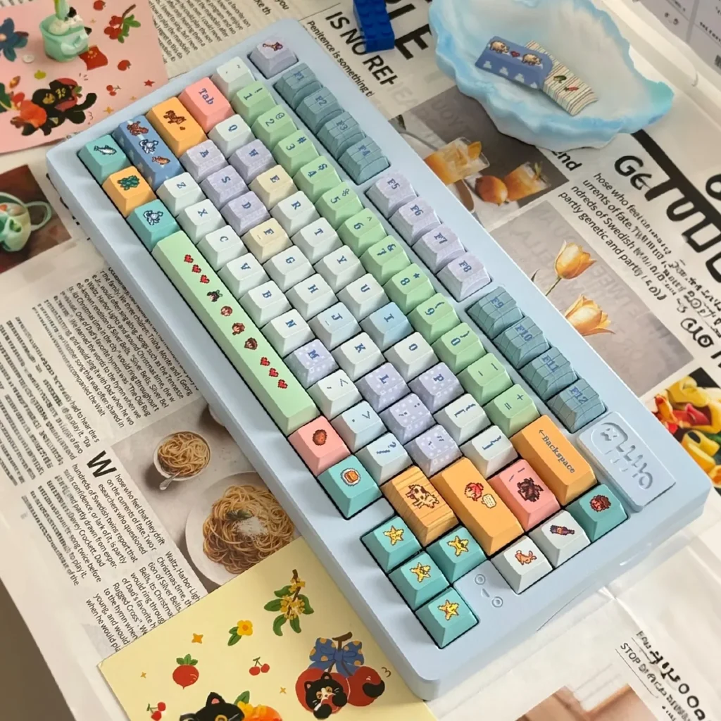 A delightful collection of authentic Stardew Valley Pixel Art PBT Keycaps Set, showcasing vibrant characters and tools from various playful angles.