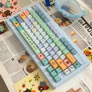 A delightful collection of authentic Stardew Valley Pixel Art PBT Keycaps Set, showcasing vibrant characters and tools from various playful angles.